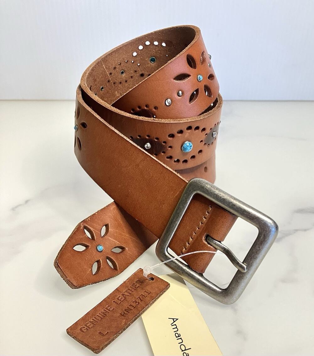 Vintage Brown Leather Belt Sz LG Studded Laser Cut Out Western Bling Boho 90sY2k